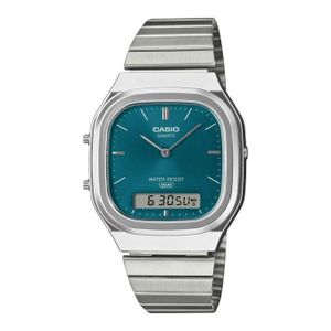 Casio AQ-240E-3A - Vintage retro au style arrondi & moderne - Unisexe - Fond vert - Double montres au bracelet métallique - 