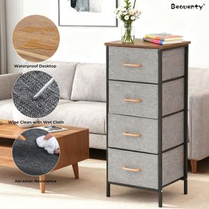 Meuble de Rangement à 4 Tiroirs en Tissu – Commode Verticale avec Structure Métallique et Plateau en Bois
