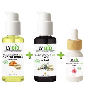 LY BIO PACK HUILE AMANDE DOUCE 50ml - POMPE + HUILE CADE 50ML - POMPE + HUILE ESSENTIEL ROSE 10ML