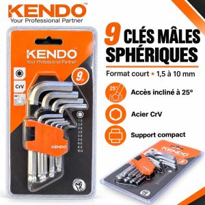 Kendo Jeu de 9 clés mâles sphériques courtes 1,5 à 10 mm