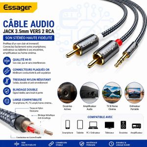 ESSAGER كابل صوت ستيريو جاك 3.5 مم إلى 2 RCA ذكر كابل نايلون مجدول