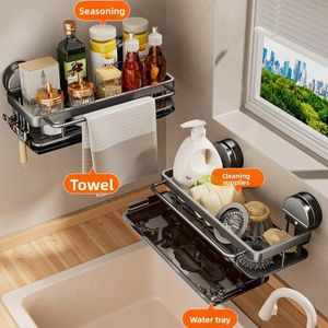 Support d'Évier Suspendu avec Plateau Égouttoir – Organisateur de Cuisine en Acier Inoxydable Noir, Sans Perçage, Porte-Éponges, Porte-Torchons et Porte-Épices