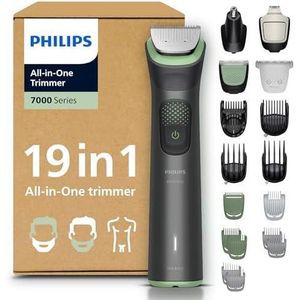 Philips Tondeuse Multigroom série 7000 Tondeuse tout-en-un 19 accessoires – tondeuse pour barbe, cheveux et corps, lames en métal auto-affûtées, 26 hauteurs de coupe (0,5-20 mm), modèle MG7962/30.