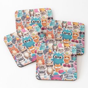 4 Dessous de Verre Des animaux de dessin animé mignons – Design kawaii coloré avec des lunettes et du style sous tasse unique 