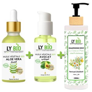 LY BIO PACK HUILE ALOE VERA 50ml - PIPETTE + HUILE AVOCAT 50ml - POMPE + SHAMPOOING AUX EXTRAITS DE PLANTES 200ML