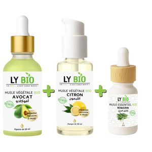 LY BIO PACK HUILE AVOCAT 50ml - PIPETTE + HUILE CITRON 50ML - POMPE + HUILE ESSENTIEL ROMARIN 10ML