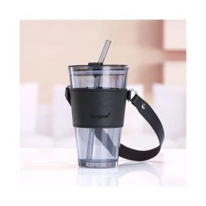 Tasse à café en verre avec paille,Tasse à café de 450 ml avec manchon en cuir Noir.