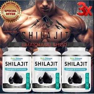 Herbo Ridouane PACK 3 bottel -180 Capsules Résine de shilajit naturelle pure de l'Himalaya, acide fulvique extrêmement puissant 300mg, Boost d'énergie quotidien 180 Gélules.