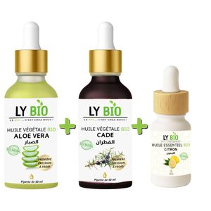 LY BIO PACK HUILE ALOE VERA 50ml - PIPETTE + HUILE CADE 50ML - PIPETTE + HUILE ESSENTIEL CITRON 10ML
