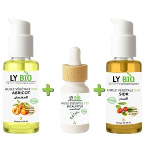 LY BIO PACK HUILE ABRICOT 50ML - POMPE + HUILE ESSENTIEL EUCALYPTUS 10ML + HUILE SIDR 50ML - POMPE