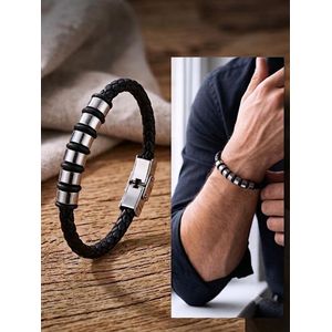 Bracelet de luxe en cuir tressé et Acier Inoxydable Noir Reglable Pour Hommes