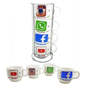 مجموعة من 4 أكواب قهوة + حامل أكواب Set de 4 Mug à Café + porte tasses,  Logo de whatsap, Istagram, FB et Youtube