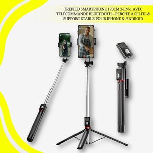 TS-T87 Trépied Smartphone 170cm 3-en-1 avec Télécommande Bluetooth – Perche à Selfie & Support Stable pour iPhone & Android