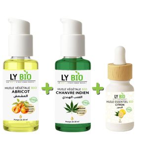 LY BIO PACK HUILE ABRICOT 50ML - POMPE + HUILE HYDRATANTE & NUTRITIVE 50ML - POMPE + HUILE ESSENTIEL CITRON 10ML