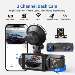 Black Box Camera WIFI de tableau de bord de voiture 3 objectifs 1080P FHD, enregistreur vidéo 360°, enregistrement en boucle, DashCam caméra avant arrière et intérieur détection de mouvement, caméra de recul, caméra voitures enregistreur