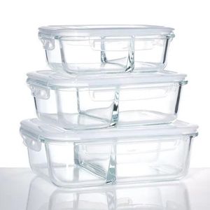 Set 3 boîtes en verre avec couvercles pour conservation à compartiments