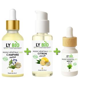 LY BIO PACK HUILE CAMPHREE 50ML - PIPETTE + HUILE CITRON 50ML - POMPE + HUILE ESSENTIEL MENTHE 10ML