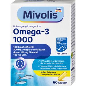 Mivolis Oméga-3 1000 – 60 Capsules – Huile de Poisson EPA & DHA + Vitamine E – Soutien du Cœur – Complément Oméga-3