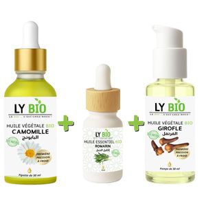 LY BIO PACK HUILE CAMOMILLE 50ML - PIPETTE + HUILE ESSENTIEL ROMARIN 10ML + HUILE GIROFLE 50ML - POMPE