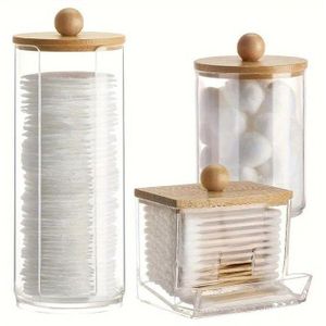 Ensemble de 3 porte-coton-tiges, pot transparent, rangement pour coton-tige/boule/tampon, distributeur de conteneurs de salle de bain