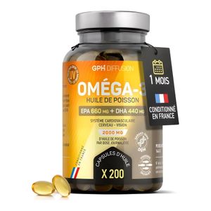 Oméga-3 Huile de Poisson - Soutien Cardiovasculaire, Cerveau et Vision - 200 Capsules