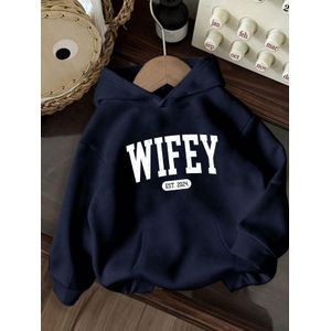 Sweat à capuche S avec impression graphique simple 'WIFEY' - Sweat-shirt décontracté à poche, coupe ample, haut d'automne pour femme, lavable en machine, confortable et doux YS0831006