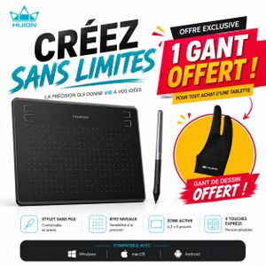 Huion تابلت Deco Mini 7 V2 2025 + قفاز : 16384 مستوى ضغط، 5080 LPI، 266 PPS، كشف الميلان، وستة أزرار سريعة