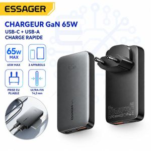 ESSAGER Chargeur GaN 65W Ultra-Fin USB-C PD + USB-A QC – Prise EU Pliable, Charge Rapide pour 2 Appareils