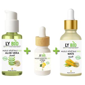 LY BIO PACK HUILE ALOE VERA 50ml - POMPE + HUILE ESSENTIEL CITRON 10ML + HUILE MAIS 50ML - PIPETTE