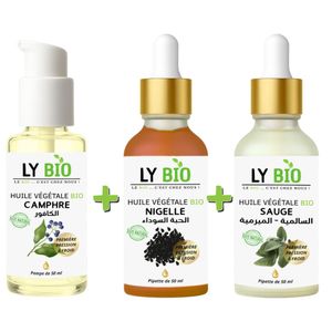 LY BIO PACK HUILE CAMPHREE 50ML - POMPE + HUILE NIGELLE 50ML - PIPETTE + HUILE SAUGE 50ML - PIPETTE