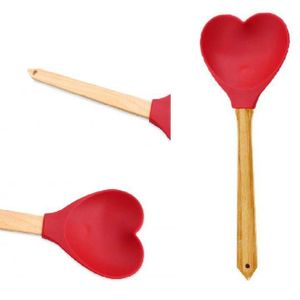 Spatule Coeur en Silicone Cuillère manche en bois Idéal pour les poêles enduits