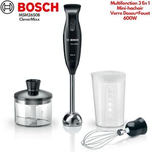 Bosch MSM2650B CleverMixx Mixeur Plongeant 3 En 1 Pied Inox, Mini-Hachoir, Fouet, Verre Doseur Gradué, 600W, Technologie QuattroBlade Anti-Éclaboussures, Performance Quotidienne  Description Produit :