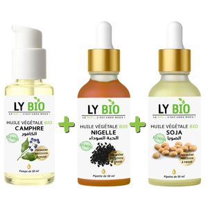 LY BIO PACK HUILE CAMPHREE 50ML - POMPE + HUILE NIGELLE 50ML - PIPETTE + HUILE SOJA 50ML - PIPETTE