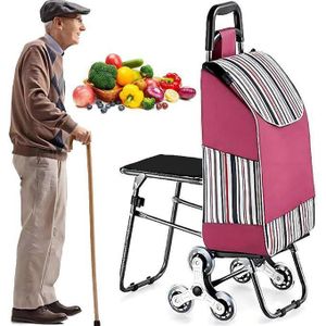Chariot de Courses Pliable Monte-Escaliers avec siège pour repos – Poussette de Marché Multifonctionnelle à 6 Roues Rotatives