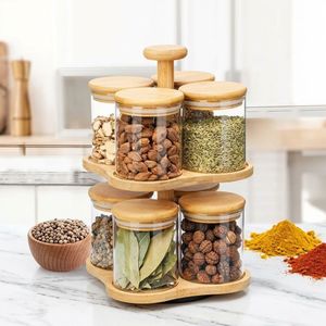 Carrousel À Épices Rotatif À 360° En Bambou – Présentoir À 2 Niveaux Avec 8 Bocaux En Verre Et Couvercles Hermétiques En Bambou Pour Cuisine