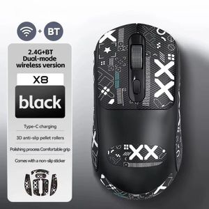 Souris de jeu sans fil double mode 2.4G/BT -type-c 2400DPI réglable PAW3395 capteur optique souris ergonomique pour PC/ordinateur portable/Win/Mac pour le jeu et le travail de bureau avec autocollants Graffiti X8 
