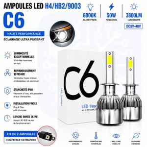 C6 Ampoules LED H4/HB2/9003 6000K 50W 3800LM – Kit de 2 Phares Blanc Froid Haute Luminosité