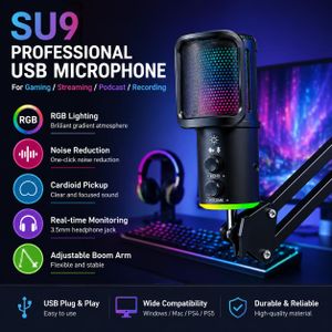 Jmary Microphone USB Condensateur RGB SU9 avec Bras Articulé Réglable, Filtre Anti-Pop et Réduction de Bruit – Streaming, Podcast, Gaming, Voix Off PC