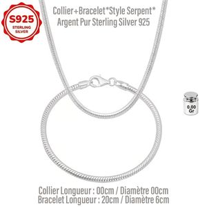 12,30Gr Collier+Bracelet en Argent Sterling S925*Style Serpent* 92,5% d'Argent, Magnétique Médical, sans Nickel, Unisexe, Résistant à l’Oxydation, Élégant et Intemporel, Poids Collier : 12,30Gr,Longueur : 75cm/Poids Bracelet : 6,35Gr, Longueur 20cm, Idéal