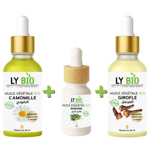 LY BIO PACK HUILE CAMOMILLE 50ML - PIPETTE + HUILE ESSENTIEL ROMARIN 10ML + HUILE GIROFLE 50ML - PIPETTE