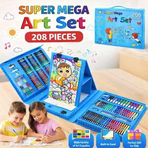 حقيبة ديلوكس للتلوين والرسم 208 قطعة – صندوق فني ضخم للأطفال مع أقلام رصاص، ألوان باستيل، أقلام فلوماستر وإكسسوارات – مجموعة إبداعية محمولة هدية للأولاد والبنات