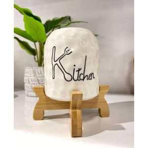 Porte-Ustensiles de Cuisine en Céramique avec Socle en Bois - Organisateur de Couverts Design "Kitchen"