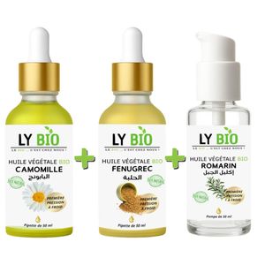 LY BIO PACK HUILE CAMOMILLE 50ML - PIPETTE + HUILE FENUGREC 50ML - PIPETTE + HUILE ROMARIN 50ml - POMPE