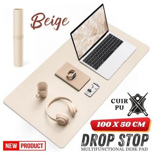 Drop Stop Tapis de bureau (100 * 50cm) Sous-main antidérapant en Cuir PU, imperméable, protège les surfaces, ultra mince, facile à nettoyer, pour ordinateur portable, écriture, bureau, maison, décoration,  (Beige)