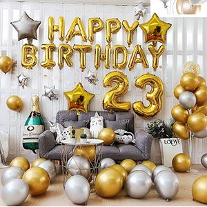 Partydeco Ballon en aluminium Happy Birthday Doré/Noir