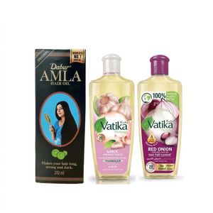 Vatika Pack Soin Capillaire Anti-Chute – Huile Dabur Amla (200ml) + Huile à l'Ail 100ml  + Huile  à l'Oignon Rouge 100ml
