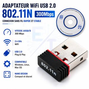Adaptateur WiFi USB 2.0 Nano 300 Mbps 802.11n – Récepteur Sans Fil 2.4 GHz pour PC & Laptop