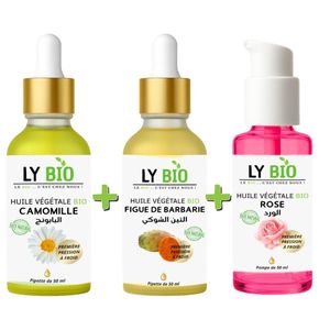 LY BIO PACK HUILE CAMOMILLE 50ML - PIPETTE + HUILE FIGUE DE BARBARIE 50ML - PIPETTE + HUILE ROSE 50ml - POMPE