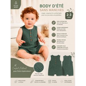 Body d'Été Sans Manches Bébé en Gaze de Coton – Style Mori – Léger, Respirant avec Double Poches – Garçon & Fille (2-3 Ans)