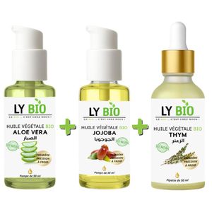 LY BIO PACK HUILE ALOE VERA 50ml - POMPE + HUILE JOJOBA 50ML - POMPE + HUILE THYM 50ML - PIPETTE